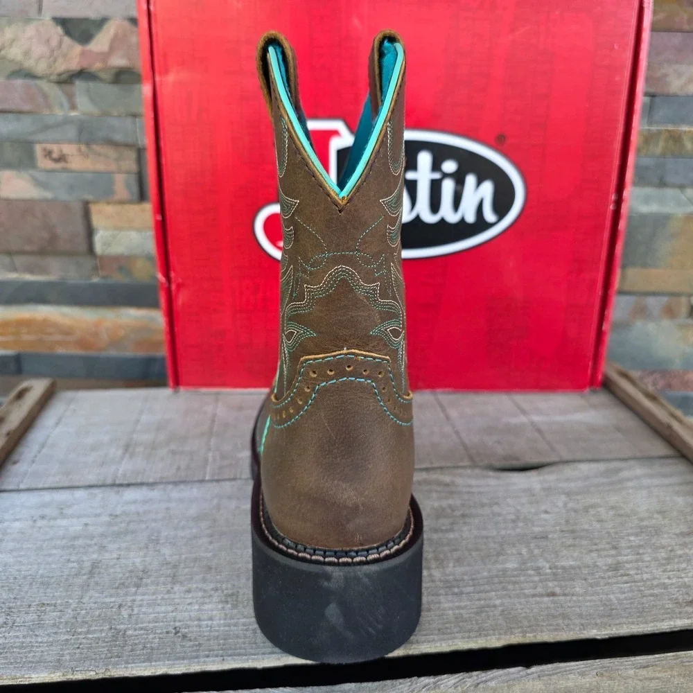 Justin Mandra Chocolate Water Buffalo Wide Square Toe Boots Size 6.5 B GY9624 - Picture 16 of 16